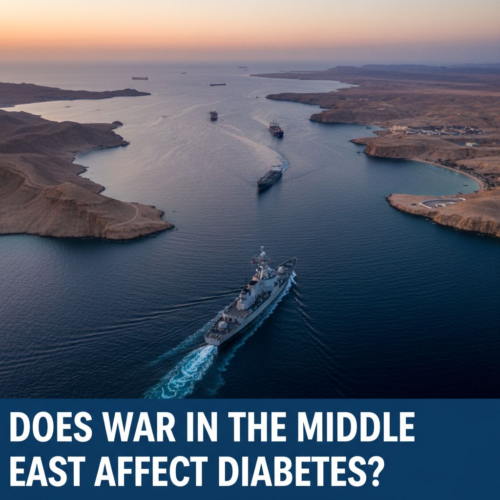 Strait of Hormuz with title 'Does War in the Middle East affect Diabetes?', published in Libre Life news