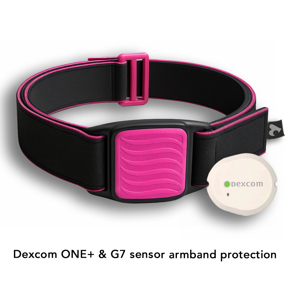 Dexband armband for Dexcom G7 CGM. Magenta cover with Wave design. Shown on wooden table beside swimming pool.