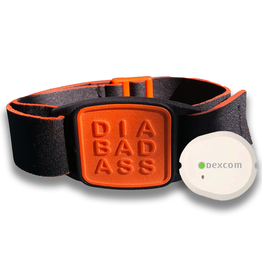 Dexband armband in orange with DIABADASS cover. Swimming pool background.