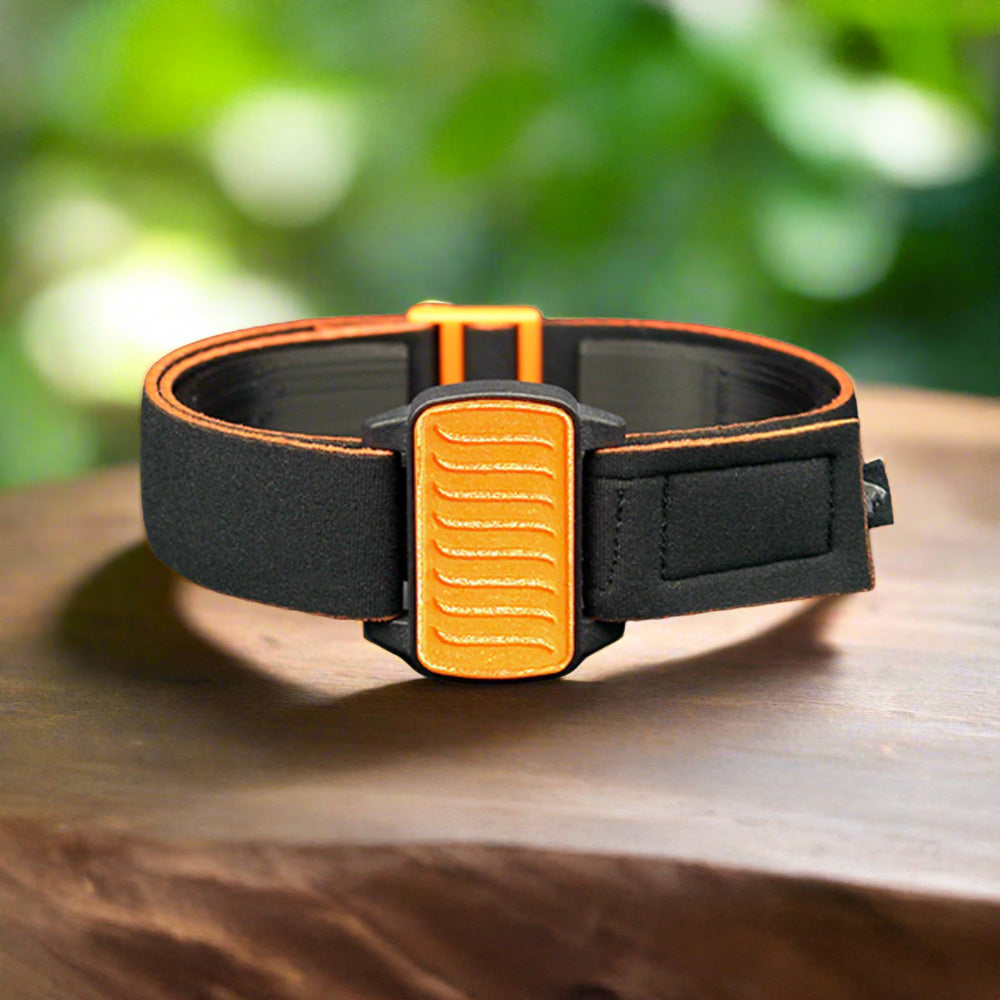 Dexband armband with orange wave cover for Dexcom G6 CGM.