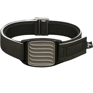 Dexband CGM armband in pewter for Dexcom G7 and ONE+ sensors with pewter wave cover and black neoprene strap. LML3958, LML3965, LML3972, LML5037.