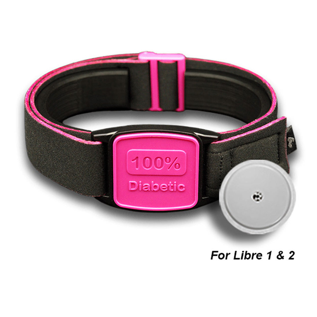 Libreband Armband for Freestyle Libre 1 & 2. Magenta cover with 100% Diabetic design. Swimming pool in background.