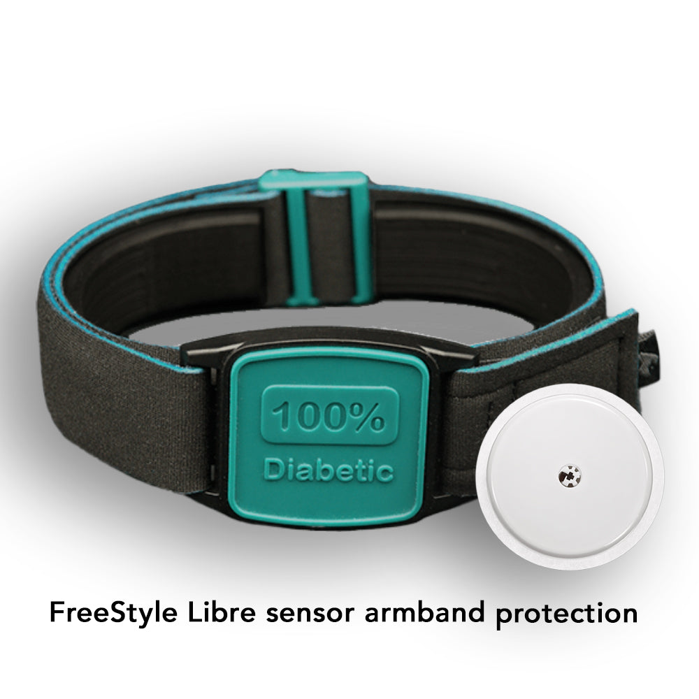 Libreband with 100% Diabetic design in teal, for Freestyle Libre CGM on a wooden surface with a pool in the background.