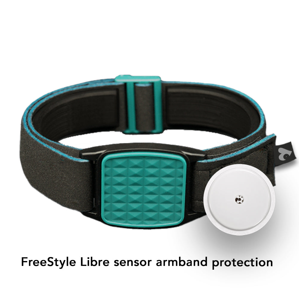 Libreband armband for Libre 2 cgm in teal with pyramids design and black neoprene strap. Shown next to white towel with swimming pool in background.