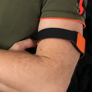 Libreband CGM armband orange wave cover close-up, compatible with FreeStyle Libre 2, showing wave design detail. LML4597, LML2975, LML2258, LML2265.