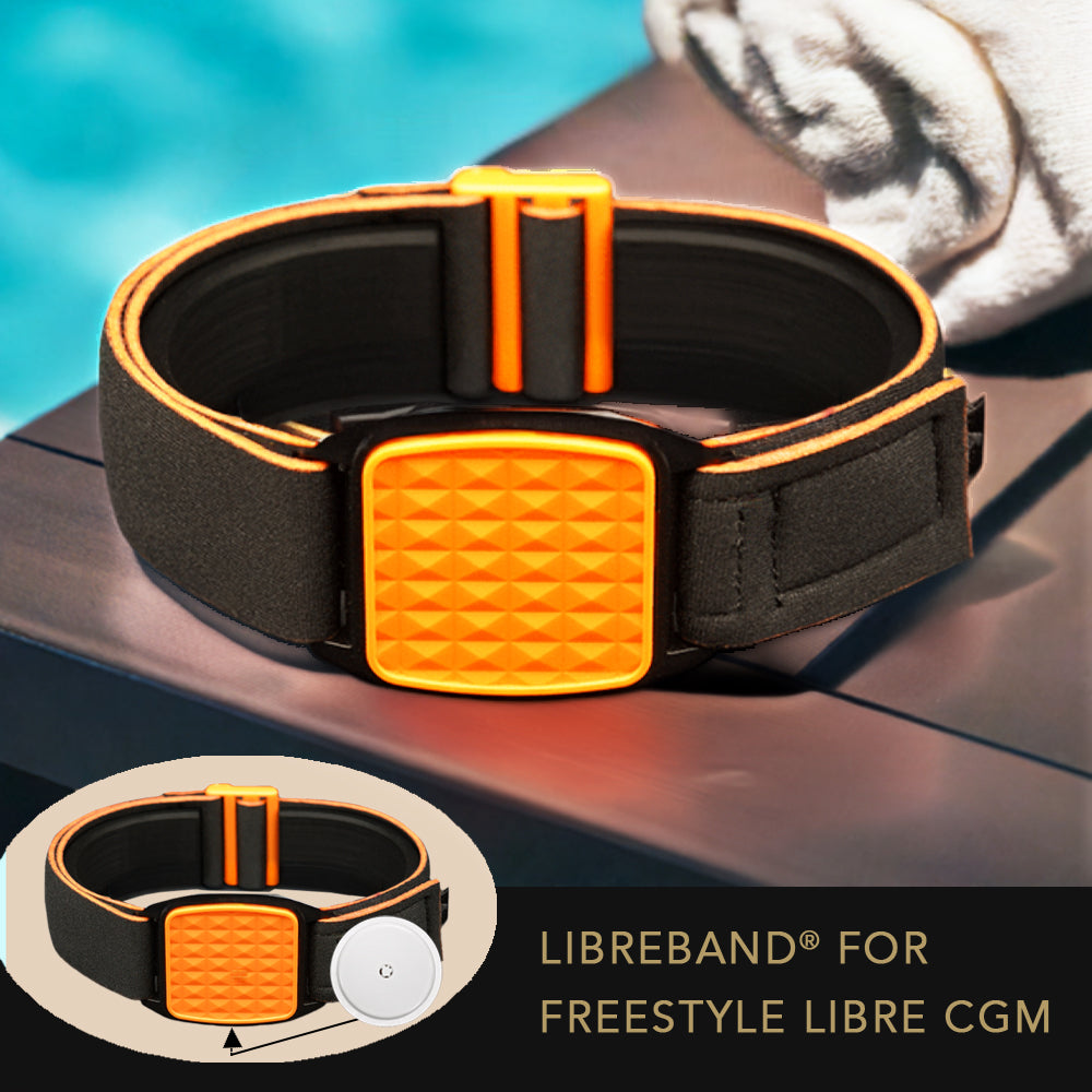 Libreband with orange pyramids cover and black neoprene strap for Freestyle Libre CGM.