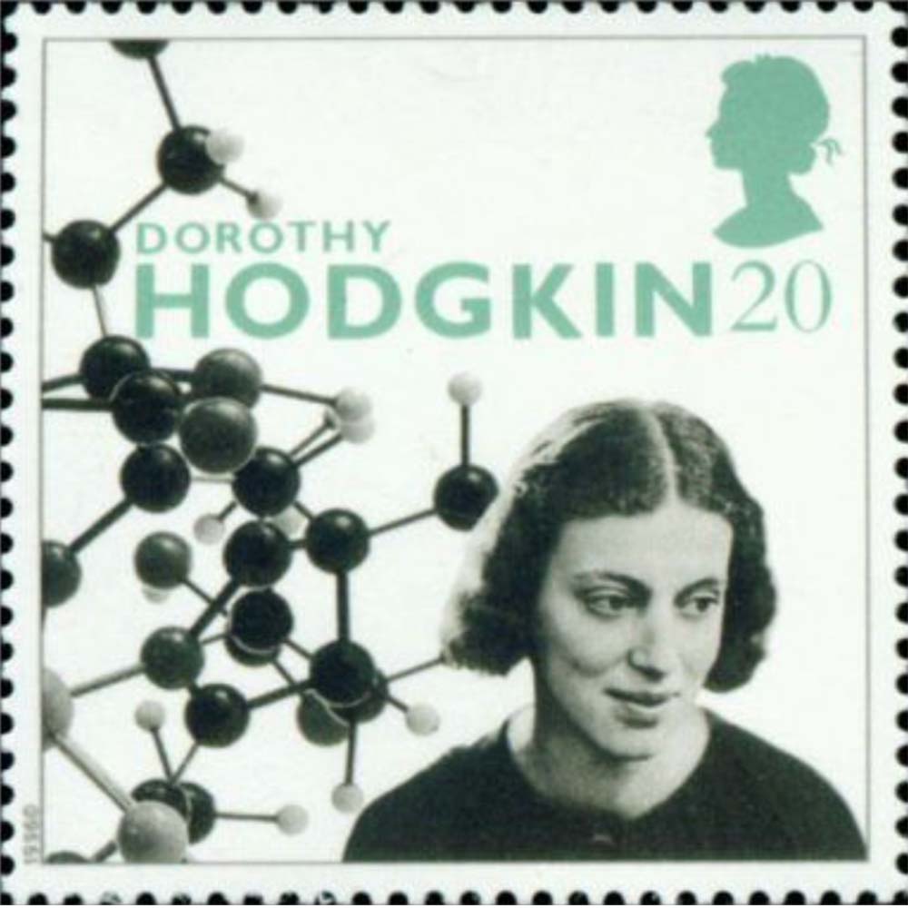 Dorothy Hodgkin on stamp celebrating discovery of 3D structure of insulin