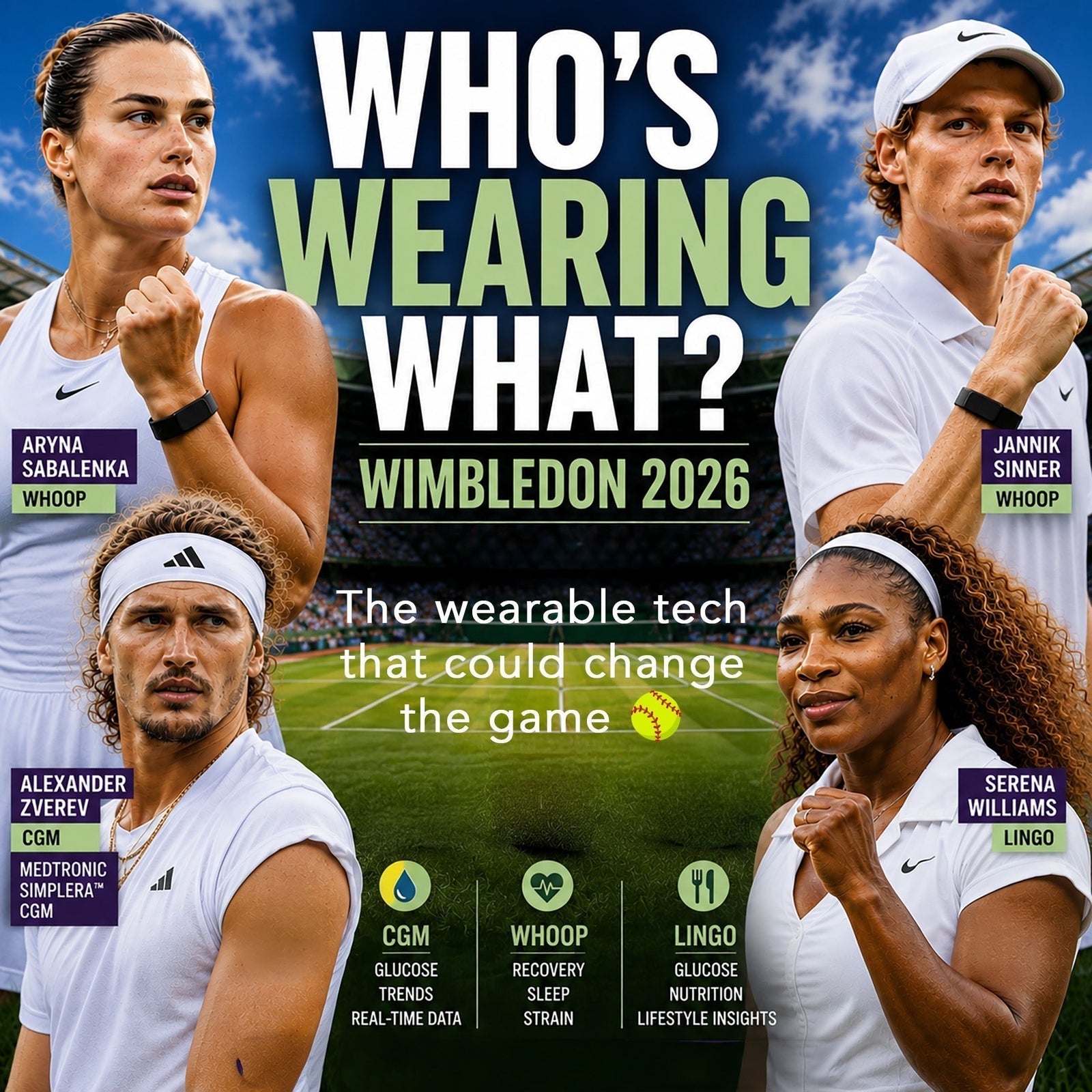 Professional tennis players using wearable health trackers including WHOOP and CGMs at Wimbledon 2026