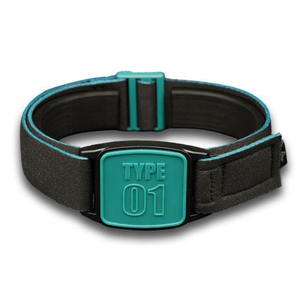 Libreband armband cover for Freestyle Libre glucose sensor CGM in Black and Teal with Type 01 design on faceplate.