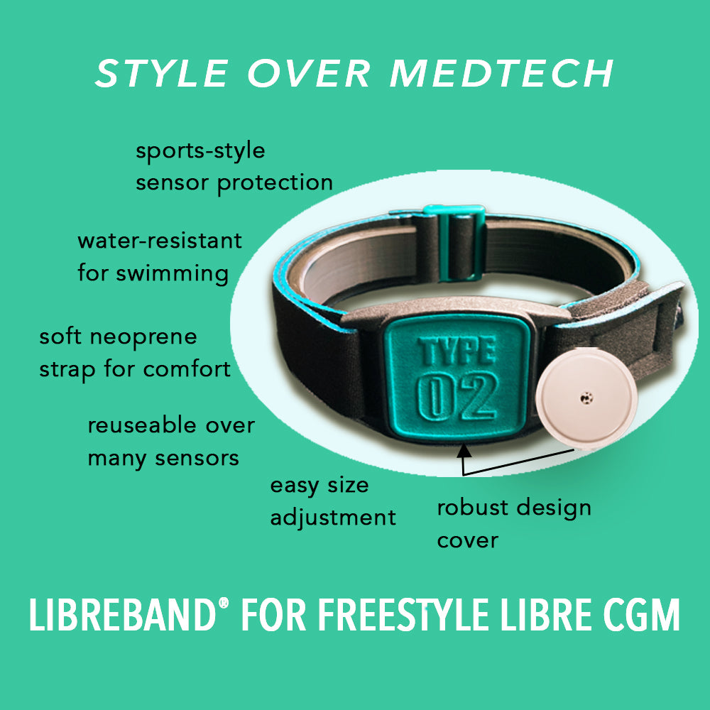 Libreband CGM armband for FreeStyle Libre 2 with teal Type 02 cover and water-resistant neoprene strap on wooden lounger in swimming pool setting
