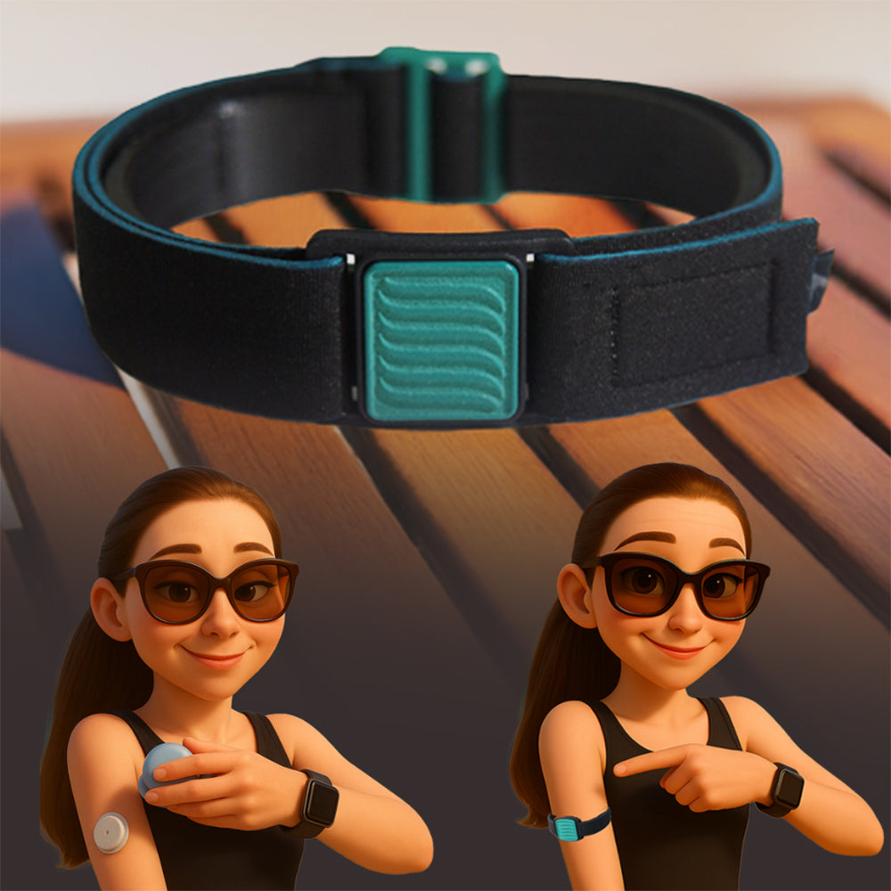 Libreband Armband for Freestyle Libre 3. Teal cover with wave design. Shown in beach scene.