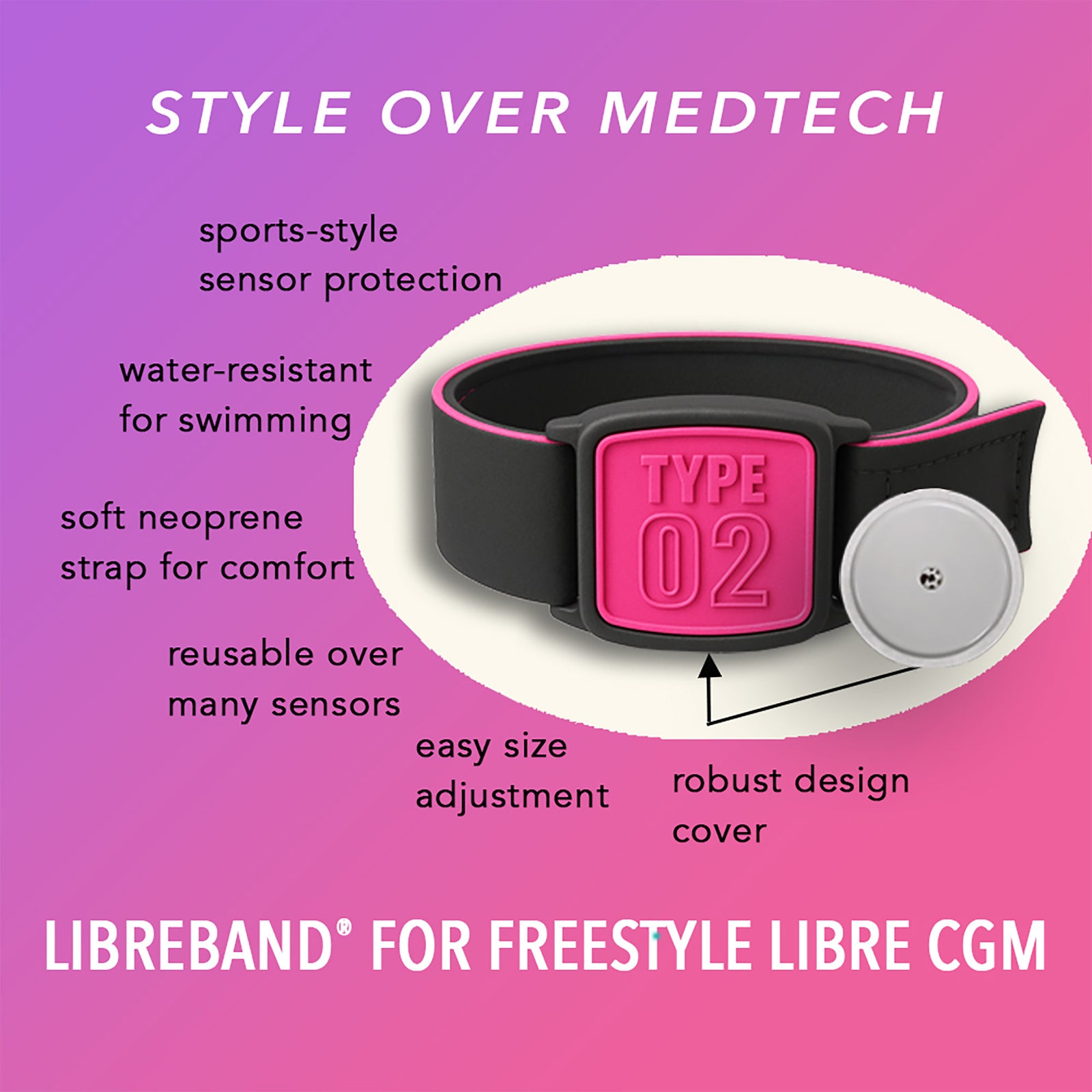 Libreband CGM armband for FreeStyle Libre 2 with magenta Type 02 cover and neoprene strap in swimming pool setting.