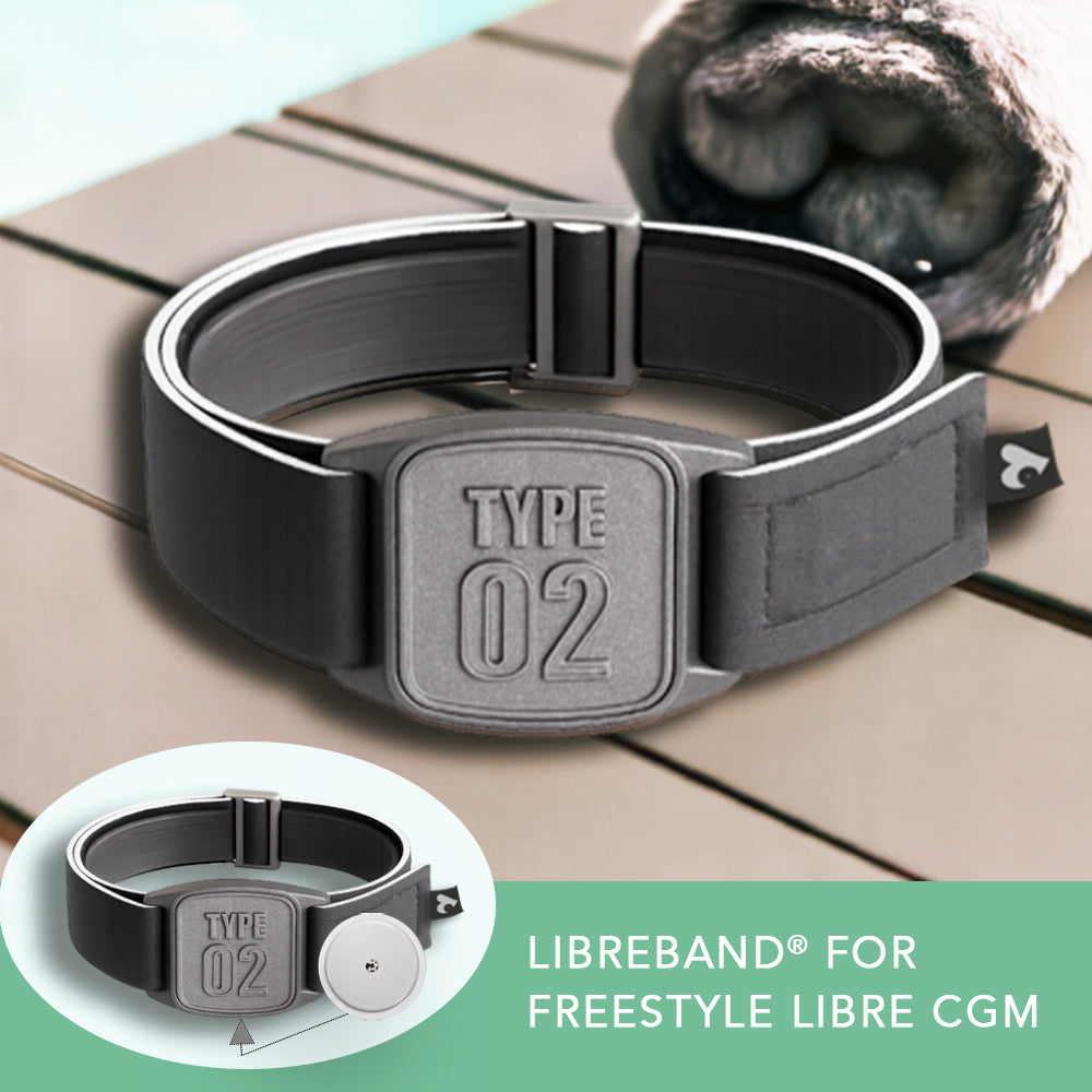Black LIBREBAND for Freestyle Libre CGM on a wooden surface with a close-up inset.