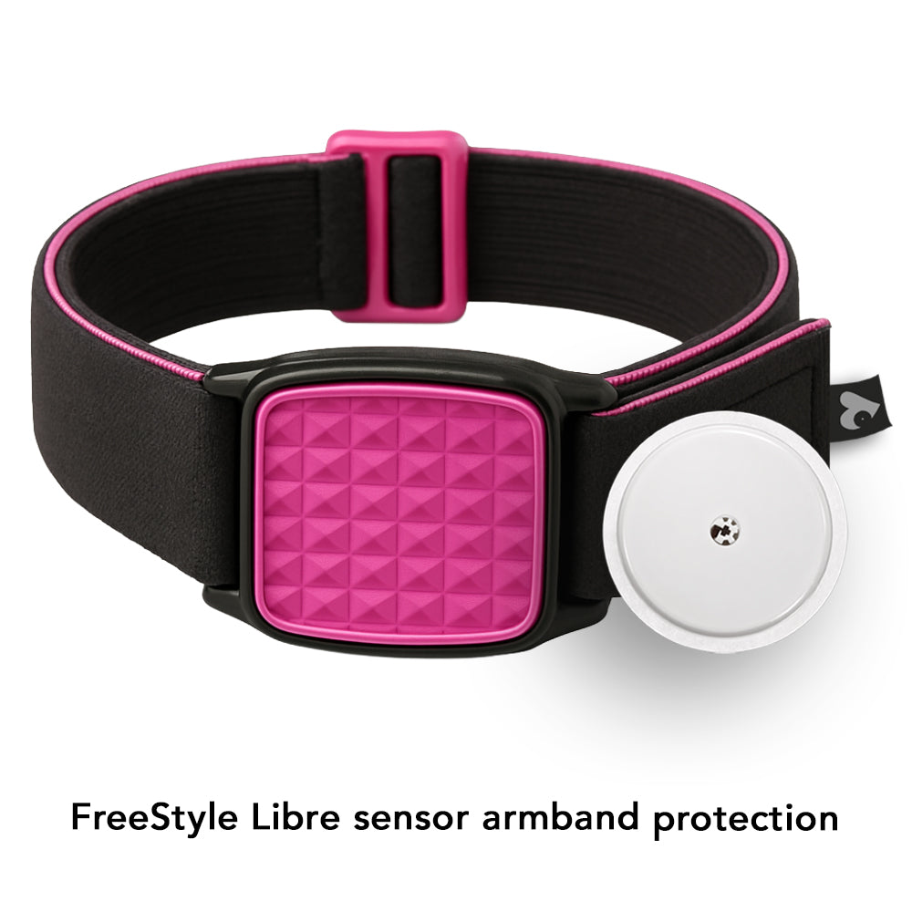 Libreband Armband for Freestyle Libre 1 & 2. Magenta cover with Pyramids design. Shown with swimming pool background.