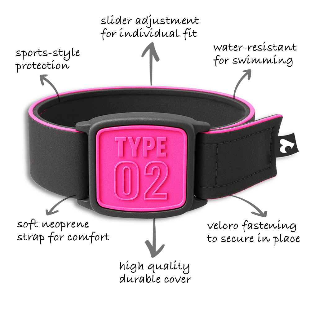Highlights of design features of Libreband armband cover in magenta and black, type 02 design. LML2340, LML2333, LML3651, LML4511.