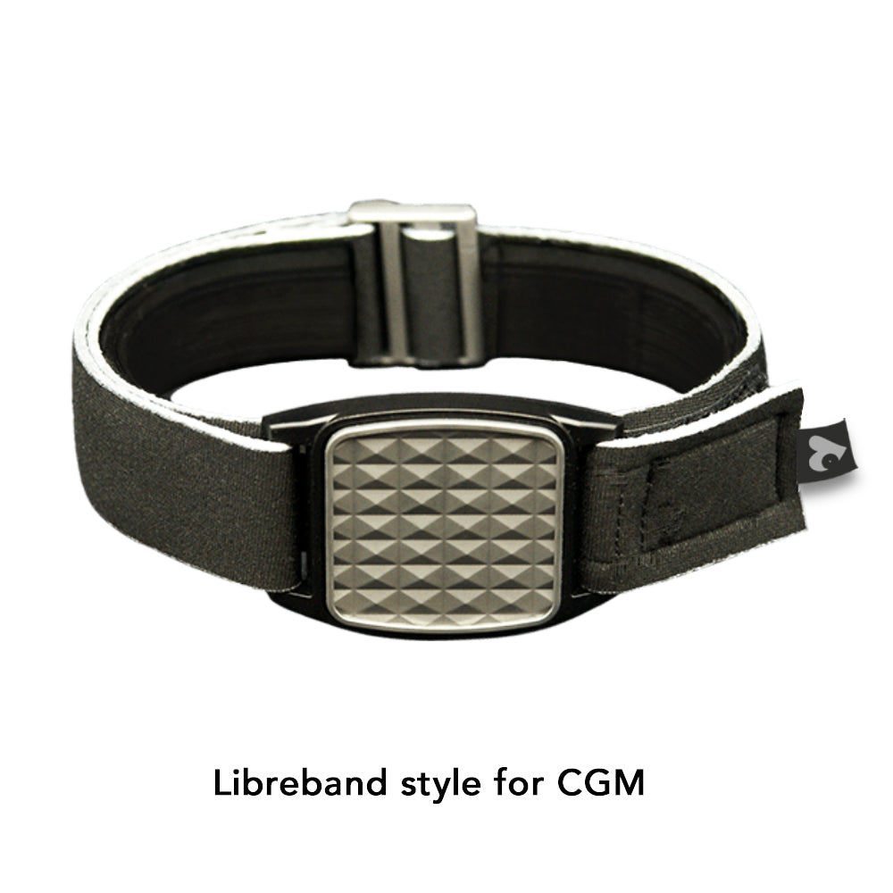 Libreband armband cover in pewter with pyramids design. Black strap edged in coordinating pewter. LML4634, LML2906, LML2616, LML2623.