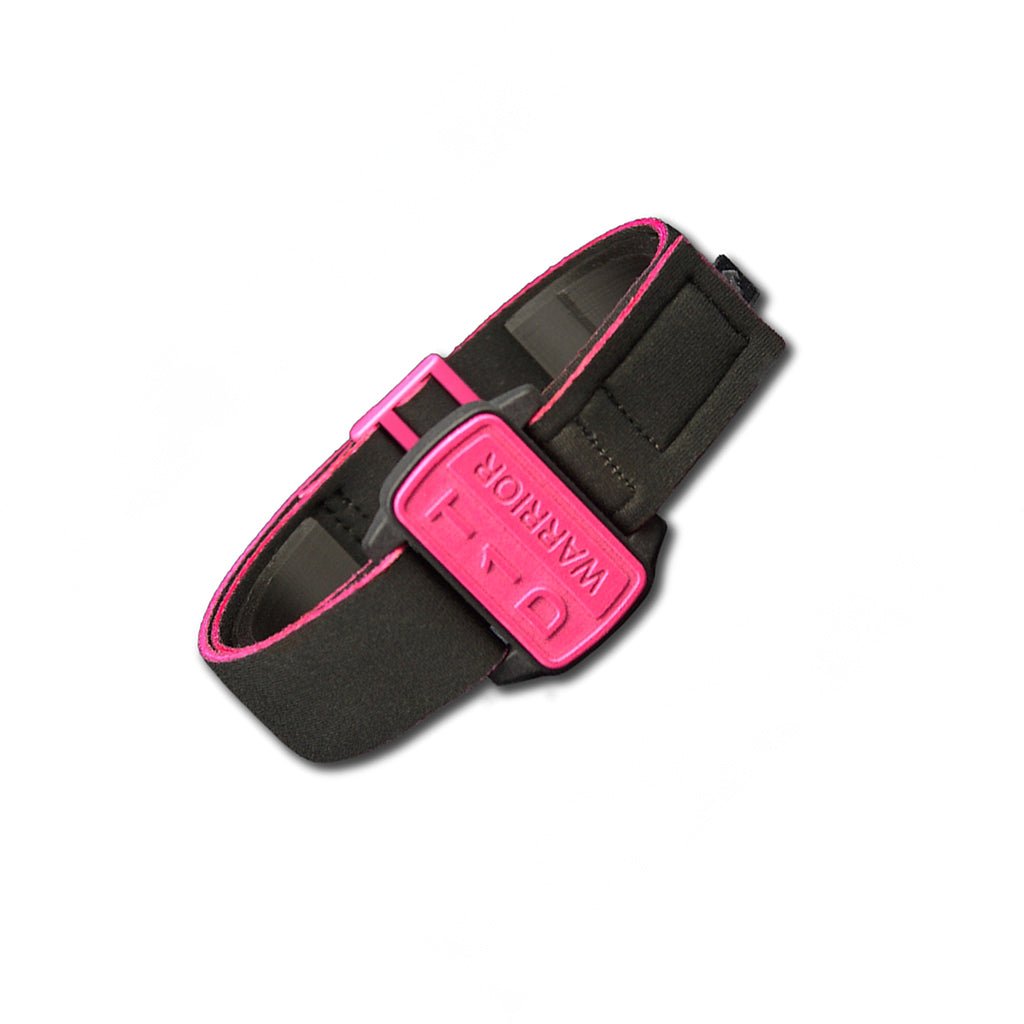 Dexband in magenta and black at 45degree angle. Protection for Dexcom G6 sensor cgm.