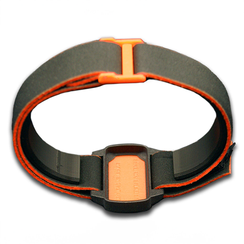 Reverse image of Dexband armband with black strap and orange cover.