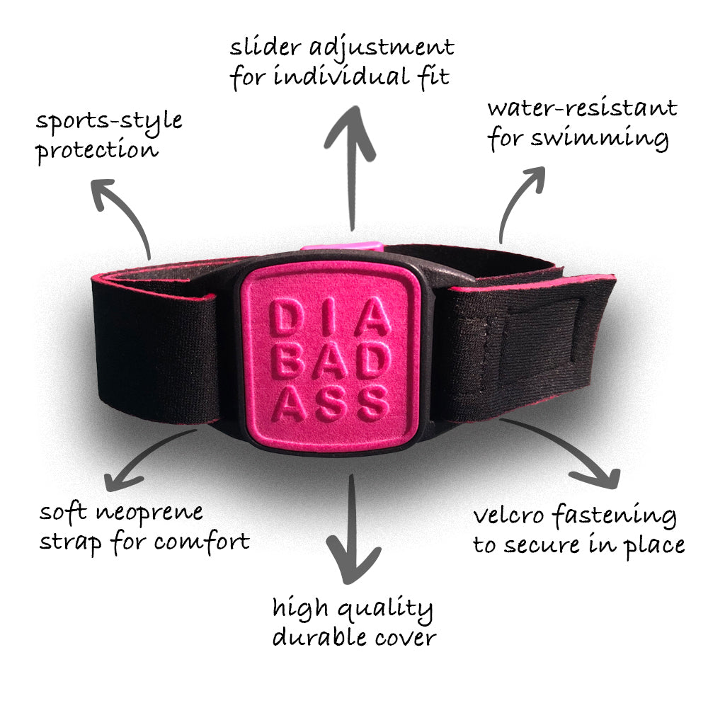 Dexband Armband for Dexcom G7, features highlighted. Magenta cover with Diabadass design.