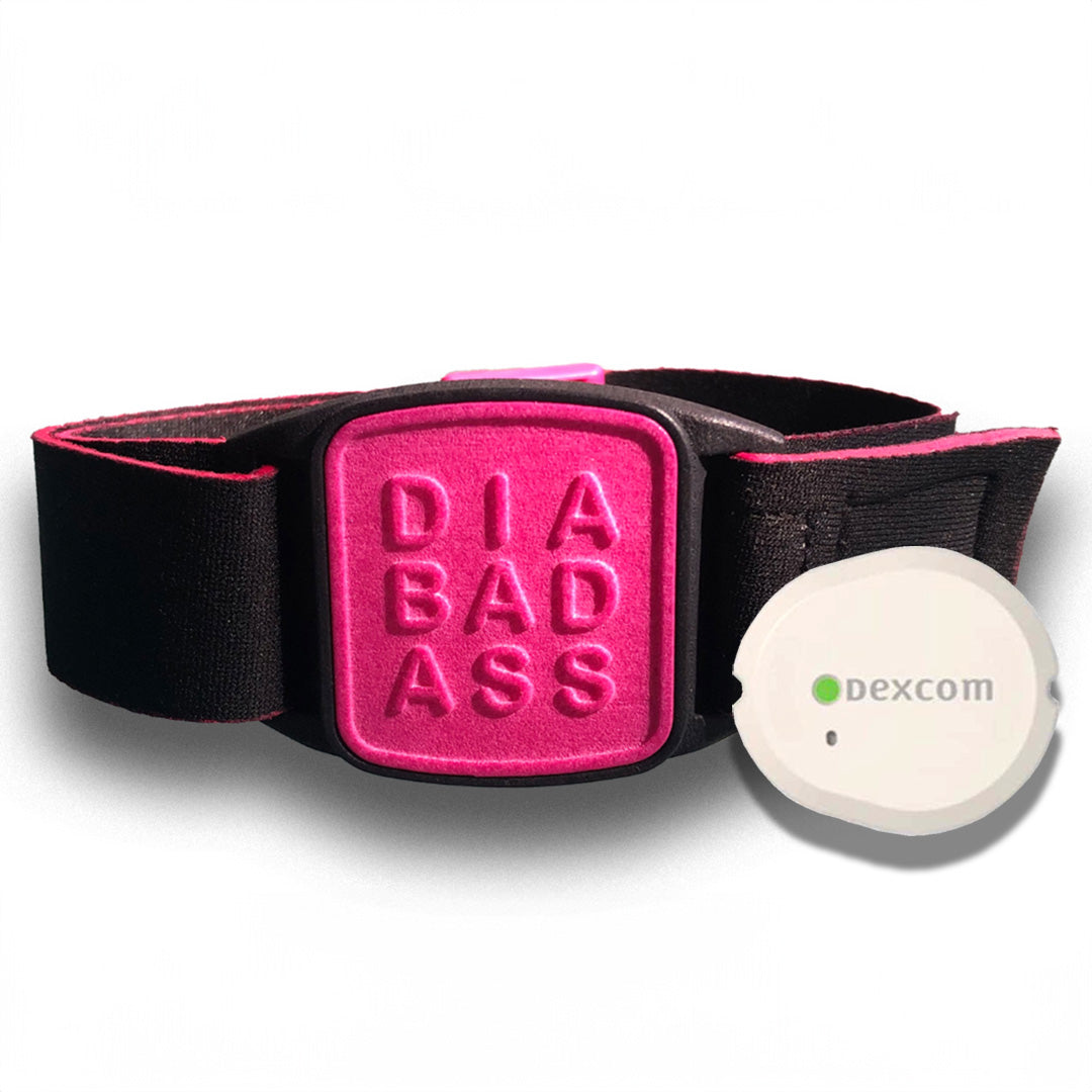 Dexband armband in magenta with DIABADASS cover. Shown with G7 CGM.