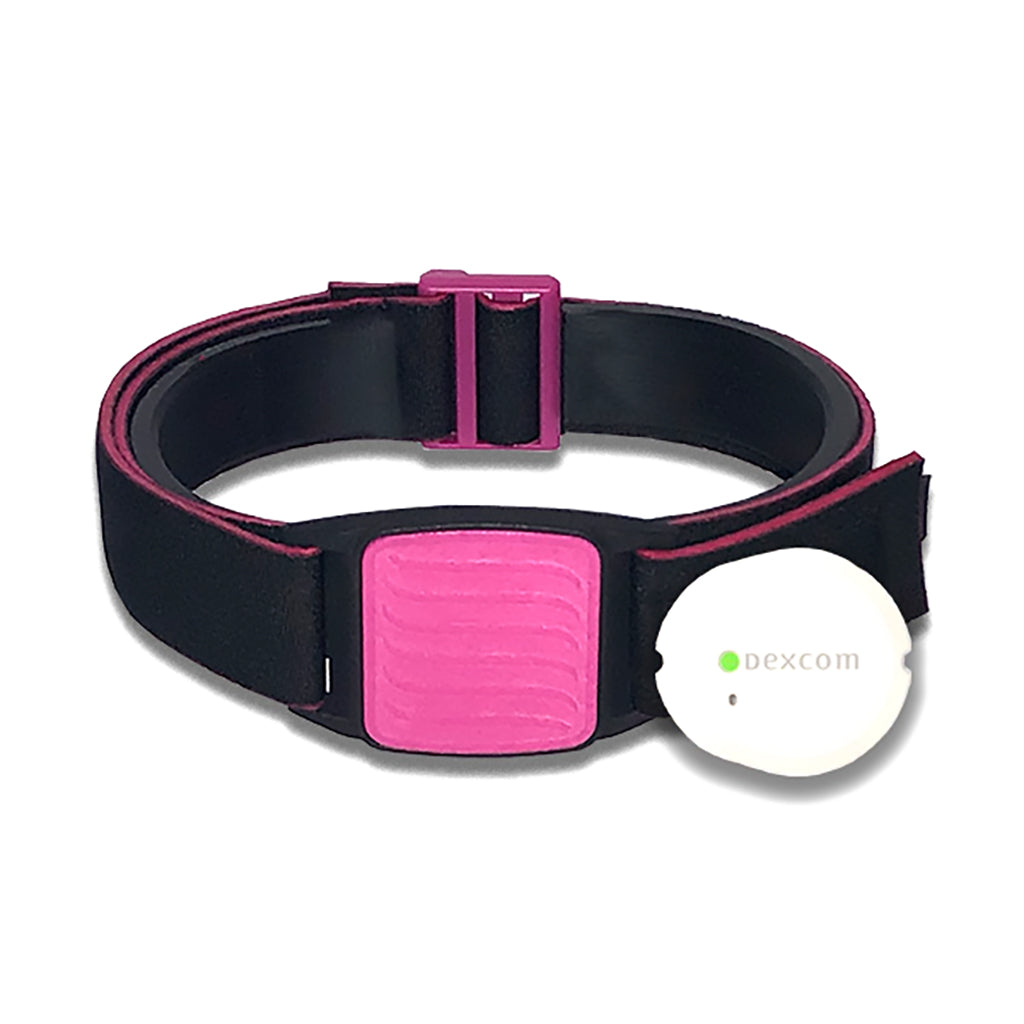 Dexband armband for Dexcom G7 CGM. Magenta cover with Wave design. Shown with Dexcom G7 sensor. LML3897, LML3903, LML3910, LML4993.