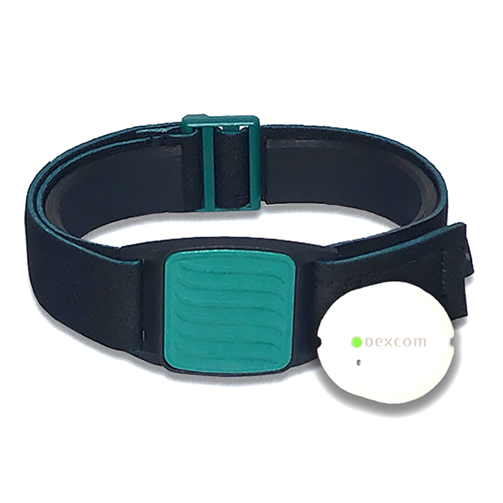 Dexband armband for Dexcom G7 CGM. Teal cover with Wave design. Shown with Dexcom G7 sensor.