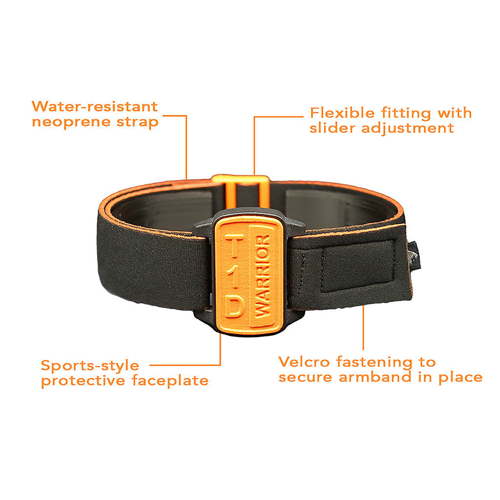 eatures of Dexband; water-resistant strap; flexible fitting with slider adjustment; sports-style protective faceplate; and velcro fastening to secure armband in place.