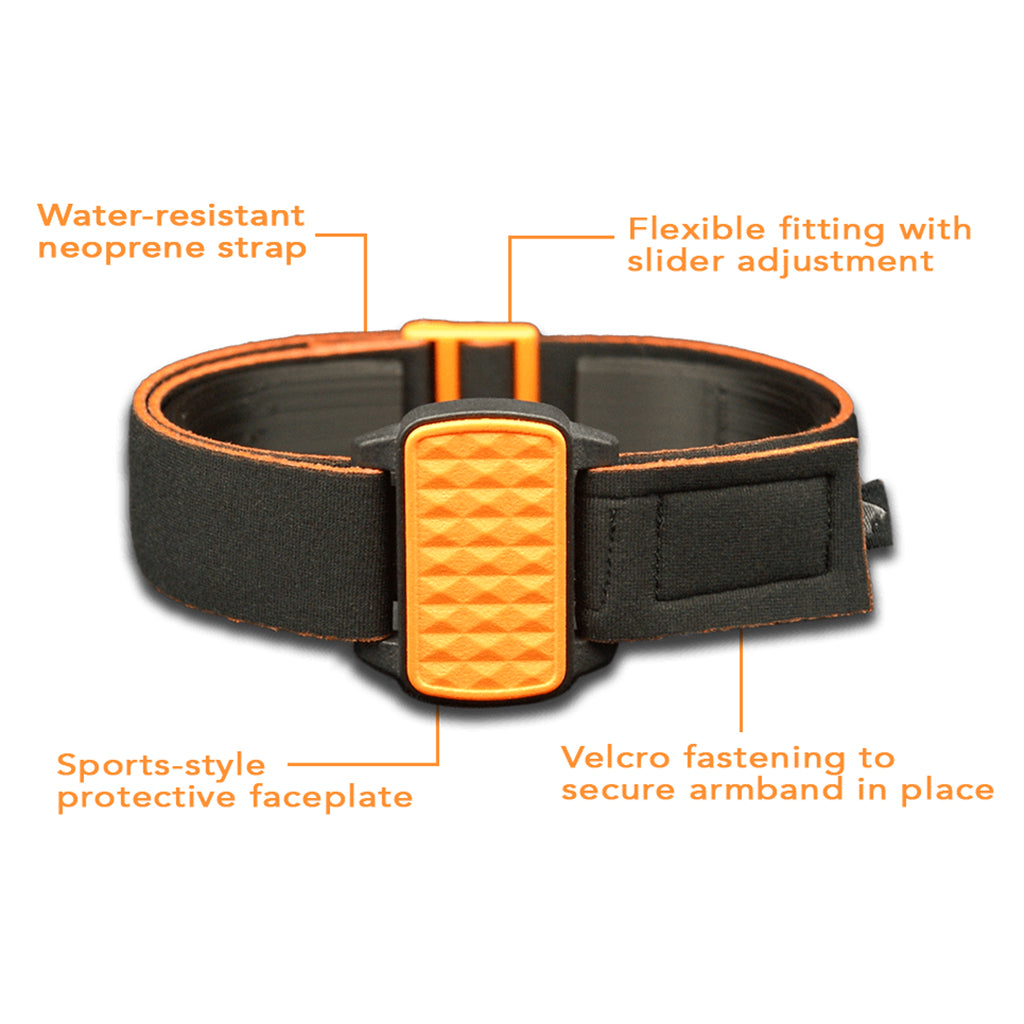 Features of Dexband; water-resistant strap; flexible fitting with slider adjustment; sports-style protective faceplate; and velcro fastening to secure armband in place.