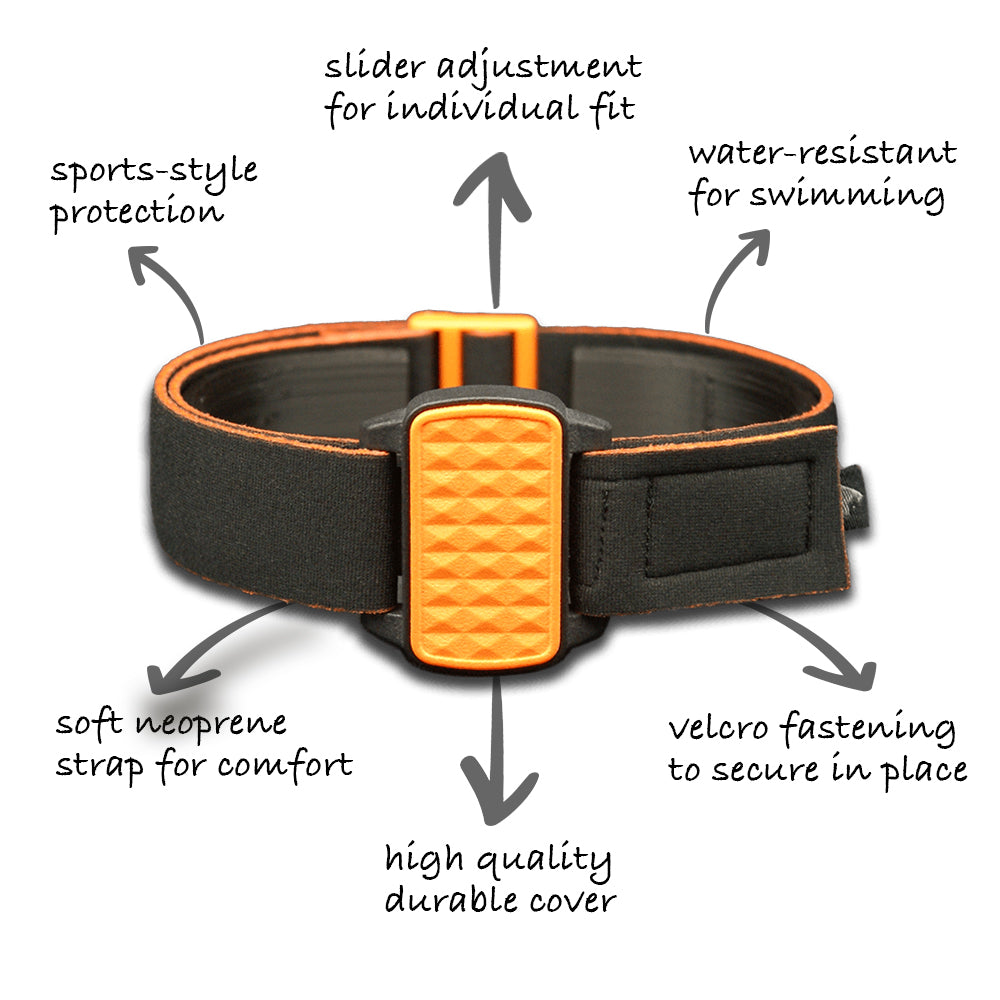 Features of Dexband; water-resistant strap; flexible fitting with slider adjustment; sports-style protective faceplate; and velcro fastening to secure armband in place.