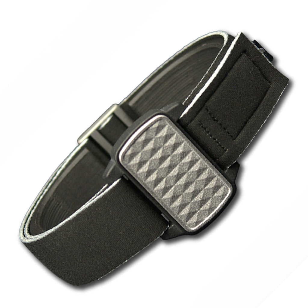 Dexband armband in pewter with pyramids cover. Black strap edged in coordinating pewter. Shown at 45 degree angle.