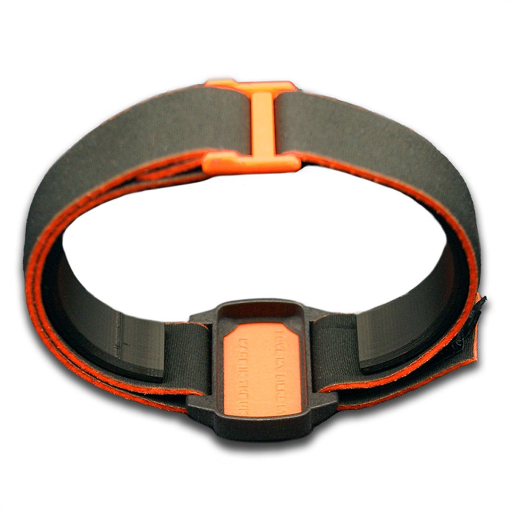 Reverse image of Dexband armband for Dexcom G6 with black strap and orange cover. 