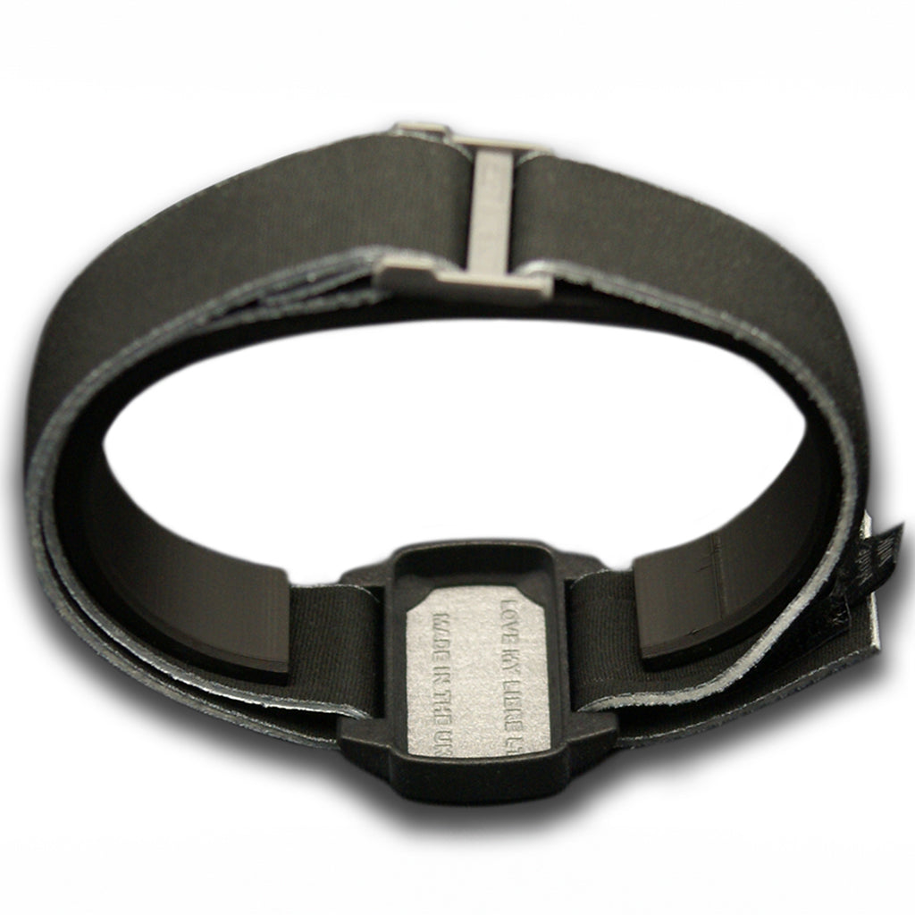 Reverse image of Dexband armband with black strap and pewter cover. 