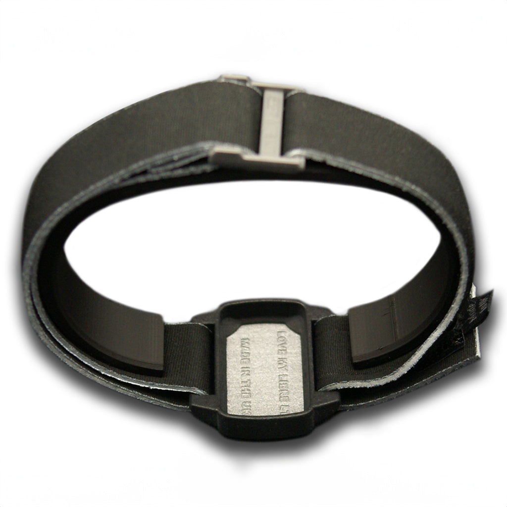 Reverse image of Dexband armband cover with black strap and pewter cover.