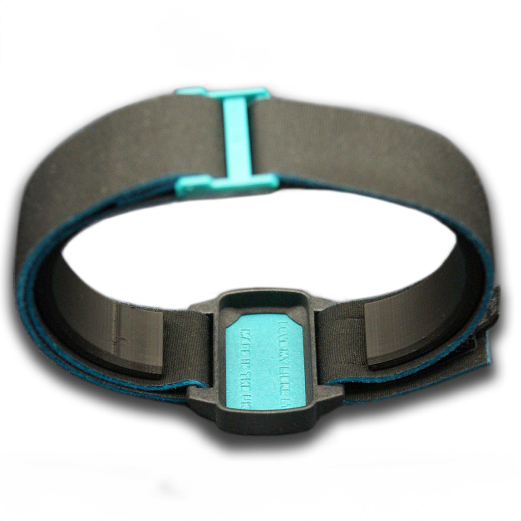 Reverse image of Dexband with black strap and teal cover for Dexcom G6 sensor.