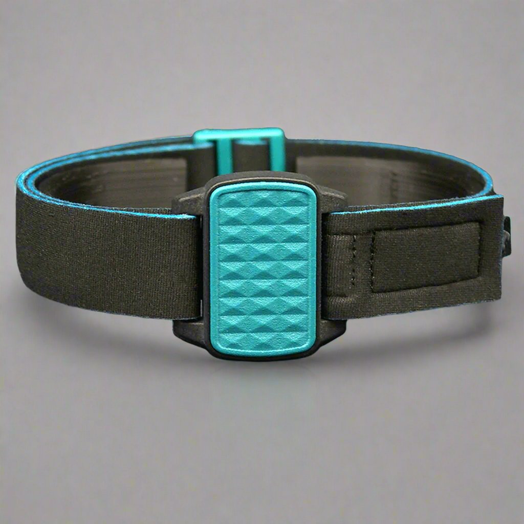 Dexband armband cover in teal with pyramids design. Black strap edged in coordinating teal. 