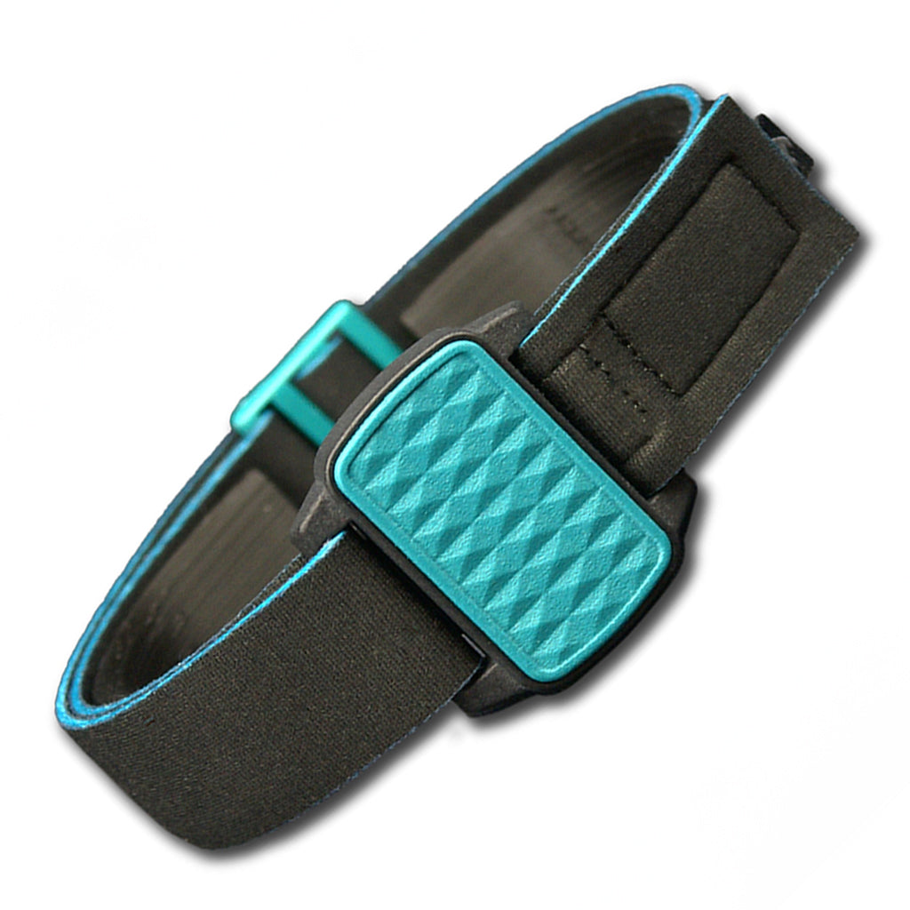 Angled image of Dexband with black strap and teal cover in pyramids design.