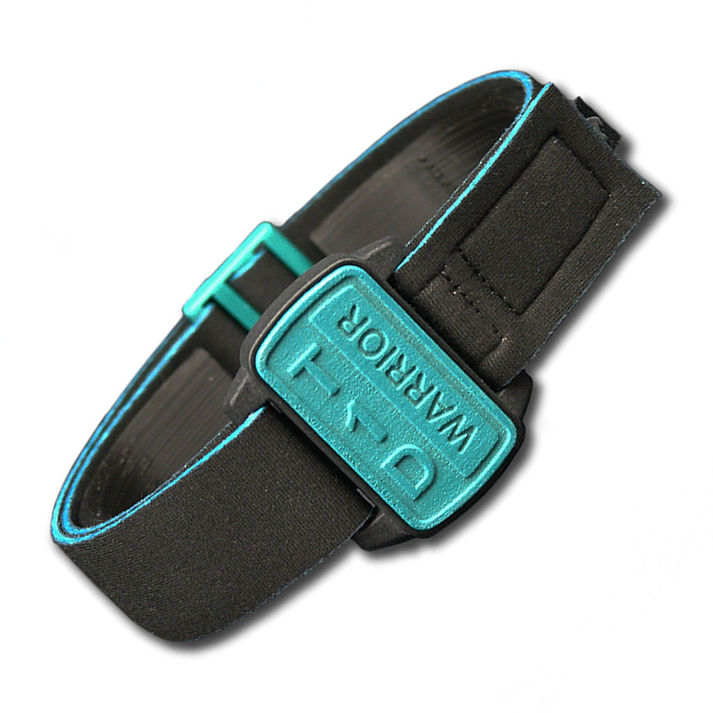 Dexband armband with black strap and teal cover with T1D Warrior wording. Shown at 45 degree angle.