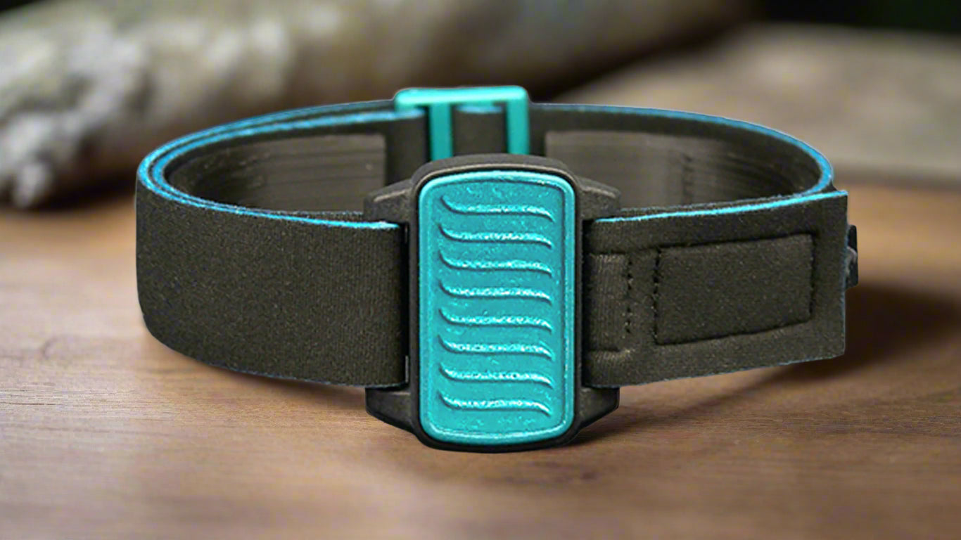 Dexband armband for Dexcom G6 CGM. Black strap and teal cover with Wave design.