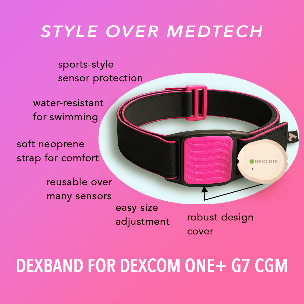 Dexband Armband for Dexcom G7, features highlighted. Magenta cover with Wave design. LML3897, LML3903, LML3910, LML4993.