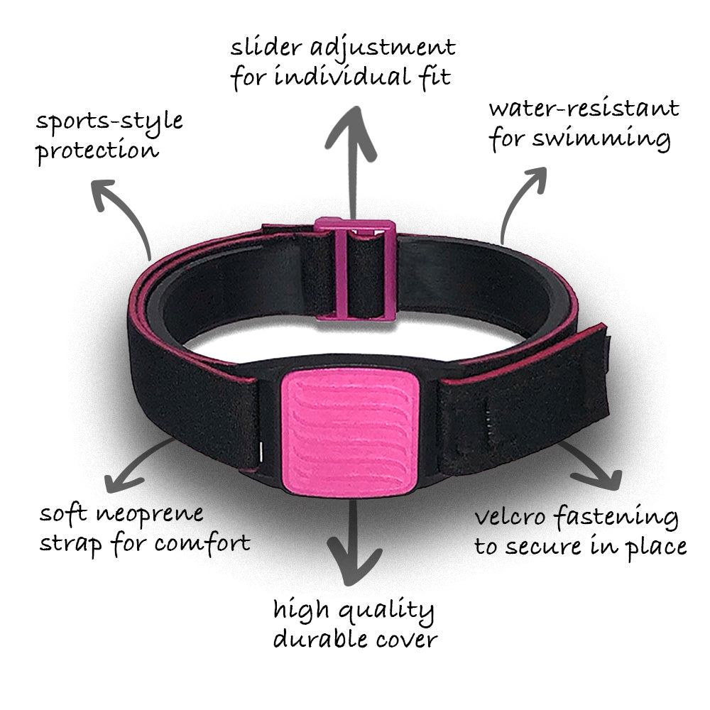 Dexband Armband for Dexcom G7, features highlighted. Magenta cover with Wave design.