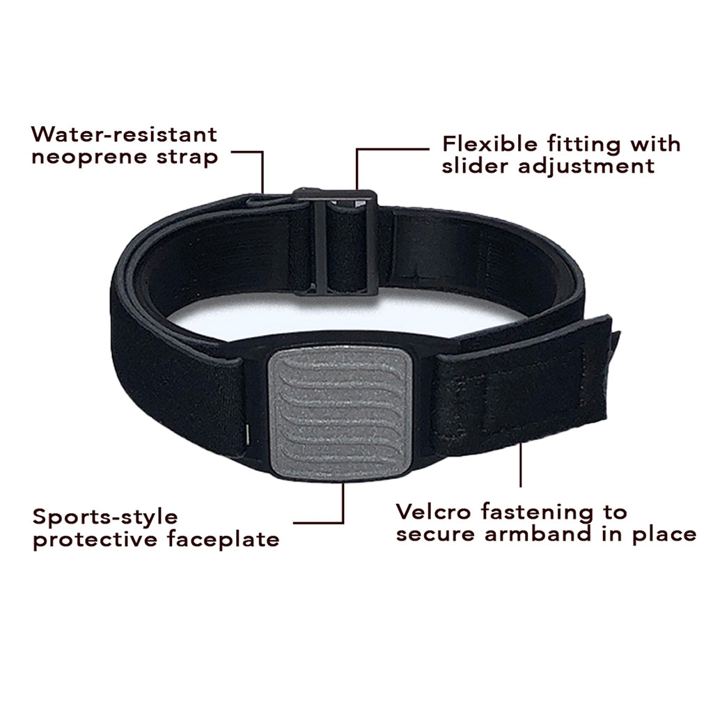 Dexband Armband for Dexcom G7, features highlighted. Pewter cover with Wave design.