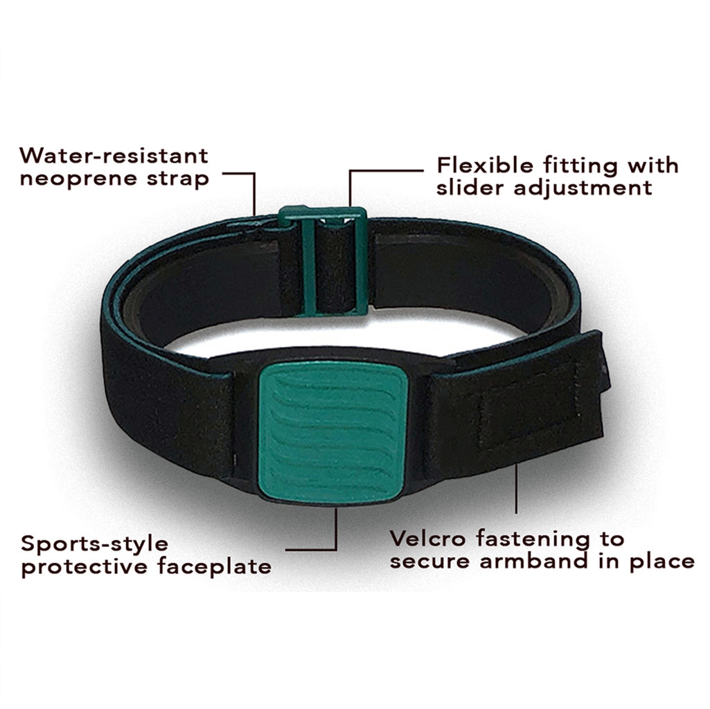 Dexband Armband for Dexcom G7, features highlighted. Teal cover with Wave design.