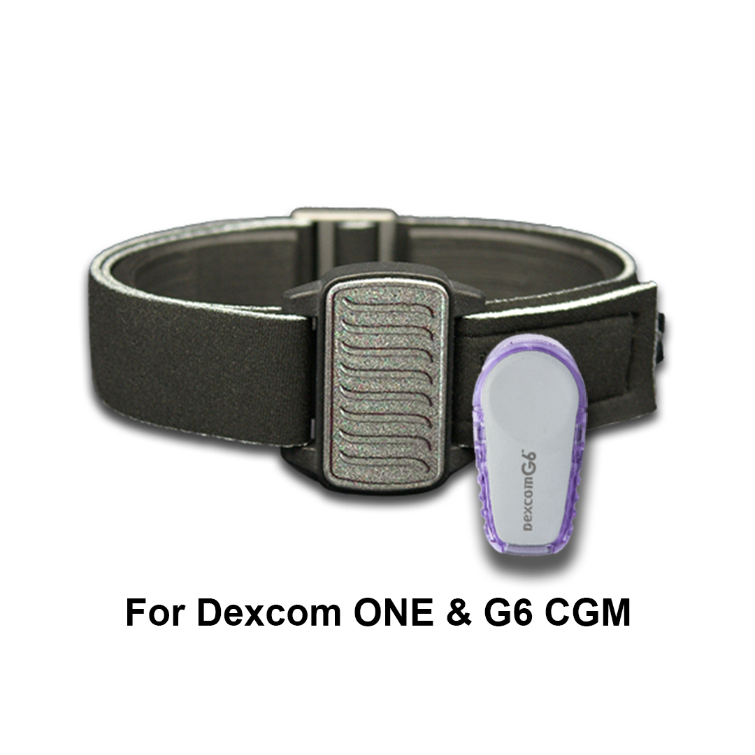 An armband cover for Dexcom CGM sensors, featuring a pewter color with a wave design and a black neoprene strap.