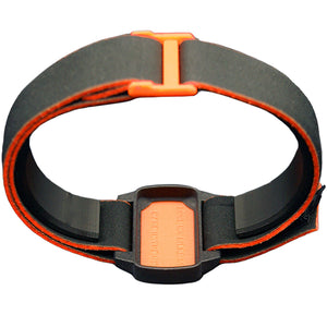 Reverse of Dexband CGM armband for Dexcom G6 sensors with orange cover and water-resistant neoprene strap.