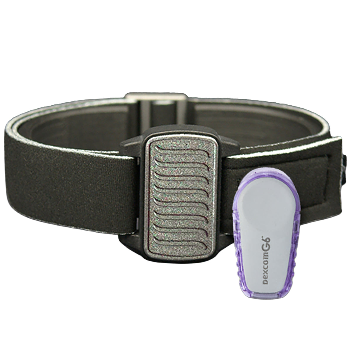 Dexband CGM armband for Dexcom G6 with pewter wave cover and water-resistant neoprene strap, alongside sensor.