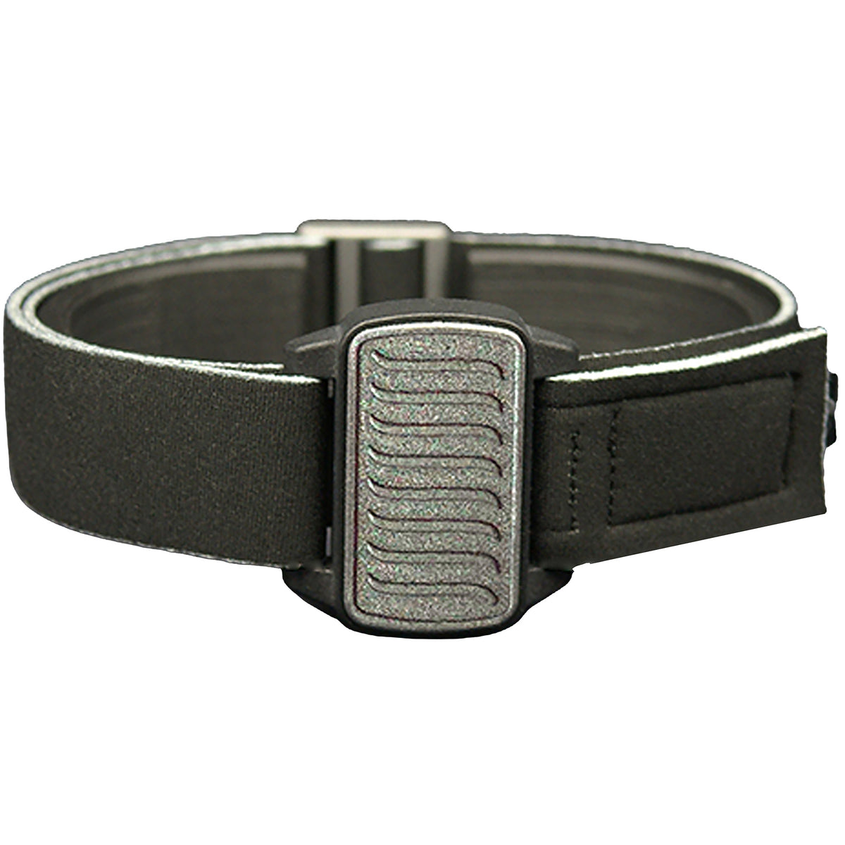 Dexband CGM armband for Dexcom G6 sensors with pewter wave cover and water-resistant neoprene strap, for everyday wear, sport and swimming.