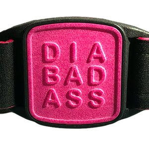 Dexband CGM armband with magenta Diabadass cover and neoprene strap close up. LML3989, LML3996, LML4009, LML4986.
