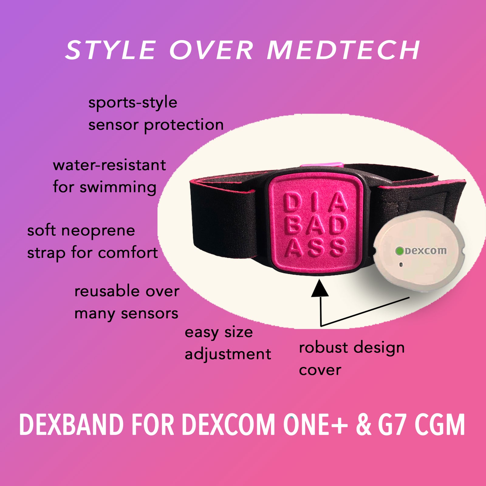 Dexband armband in magenta with DIABADASS cover. Shown with G7 CGM. LML3989, LML3996, LML4009, LML4986.