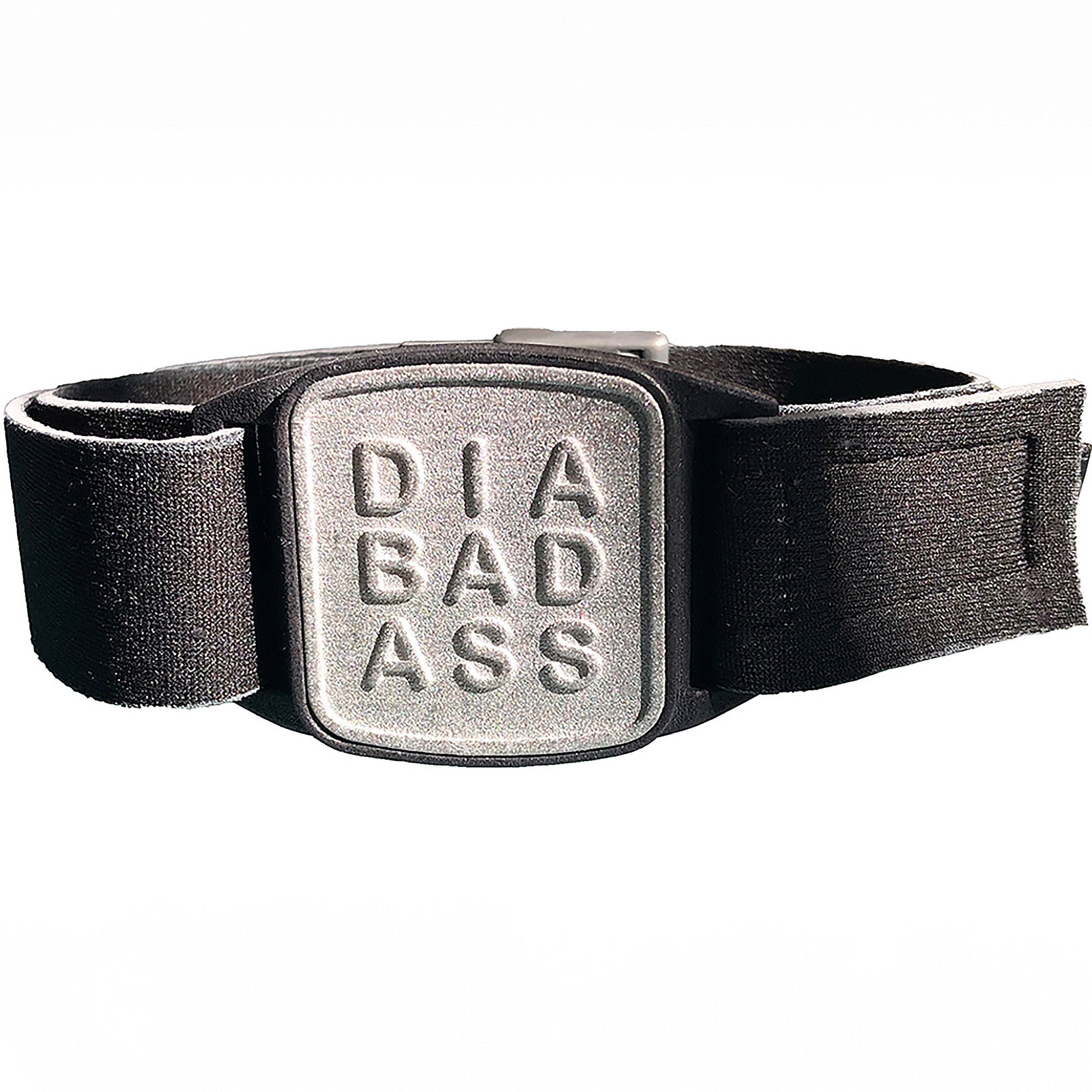Dexband CGM armband with pewter Diabadass cover and neoprene strap, compatible with Dexcom G7 and ONE+ sensors to help reduce risk of being knocked or falling off.