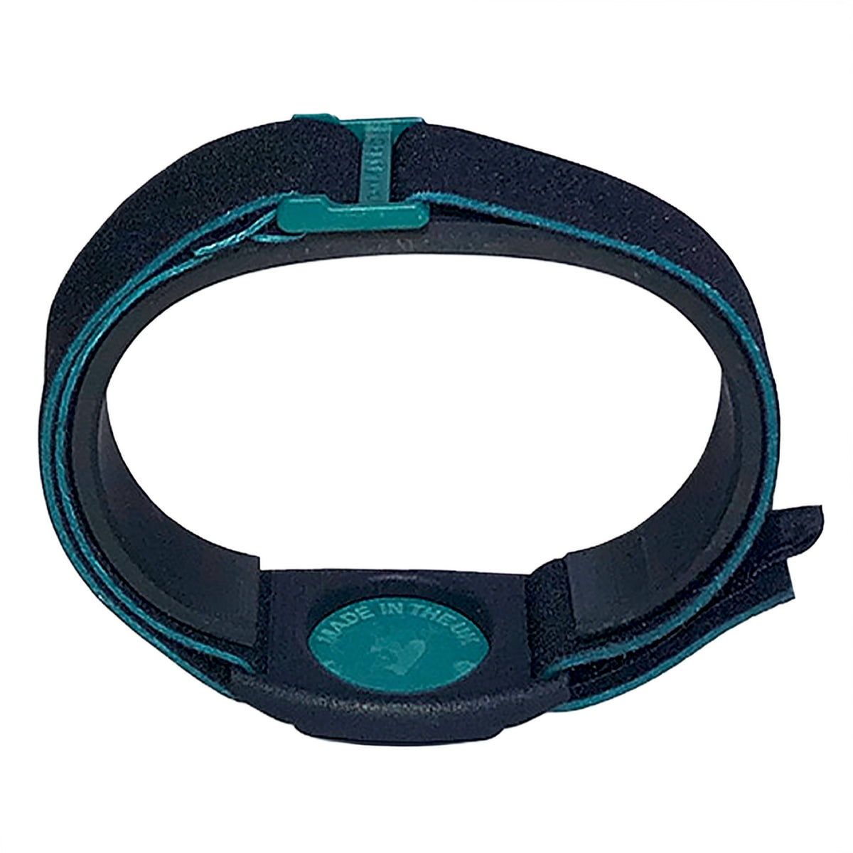 Reverse of Dexband CGM armband for Dexcom G7 and ONE+ sensors with teal cover and water-resistant neoprene strap, for everyday wear, sport and swimming. LML3927, LML3934, LML3941, LML5051.